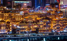 Hongya cave in Chongqing with modern skyline and skyscrapers in the background